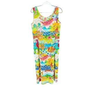 Vtg Jams World Creatures of the Sea Tropical Colorful Bright Midi Dress Small